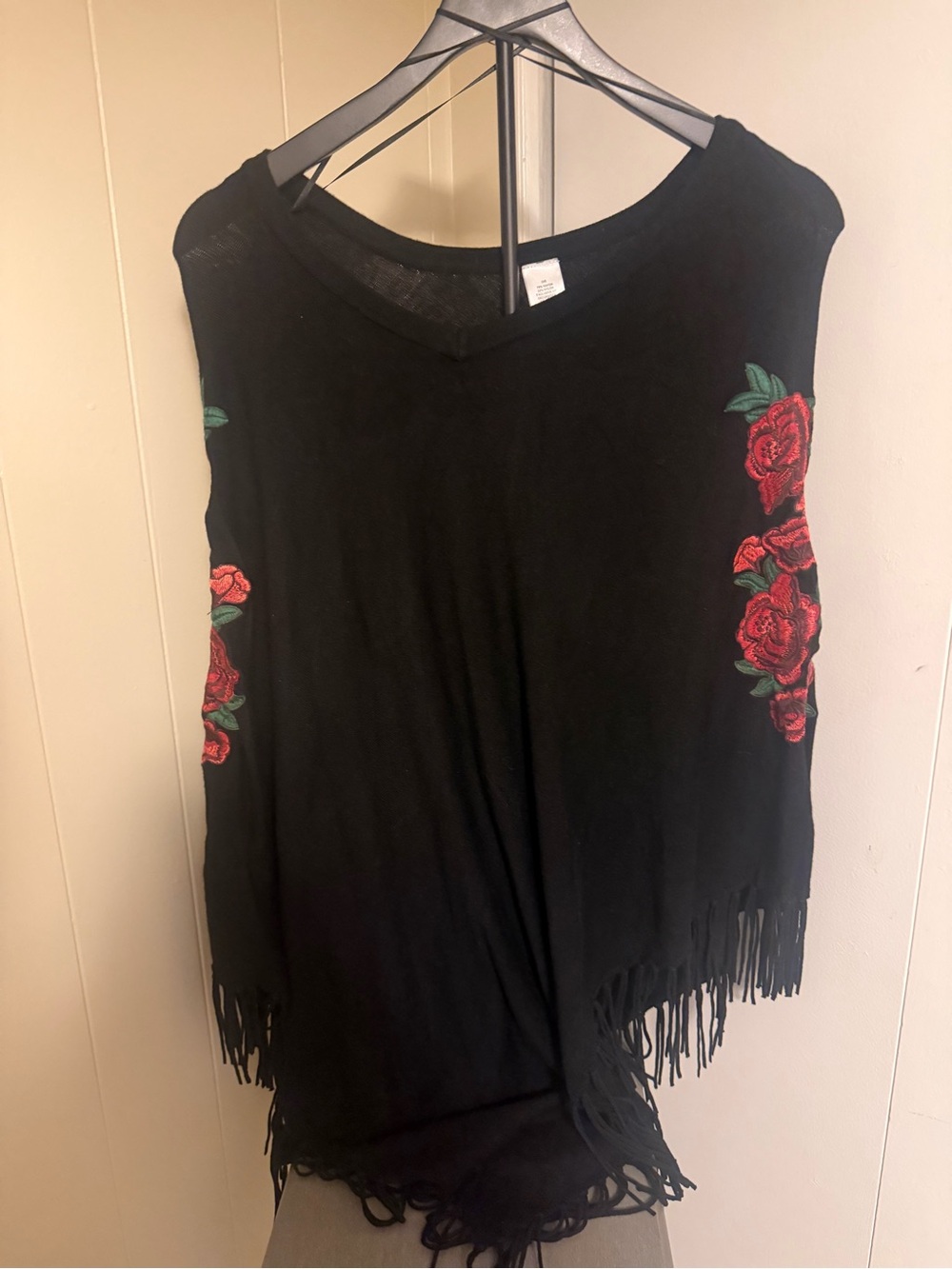 Sleeveless Black Tunic with Red Rose Embroidery and Fringe